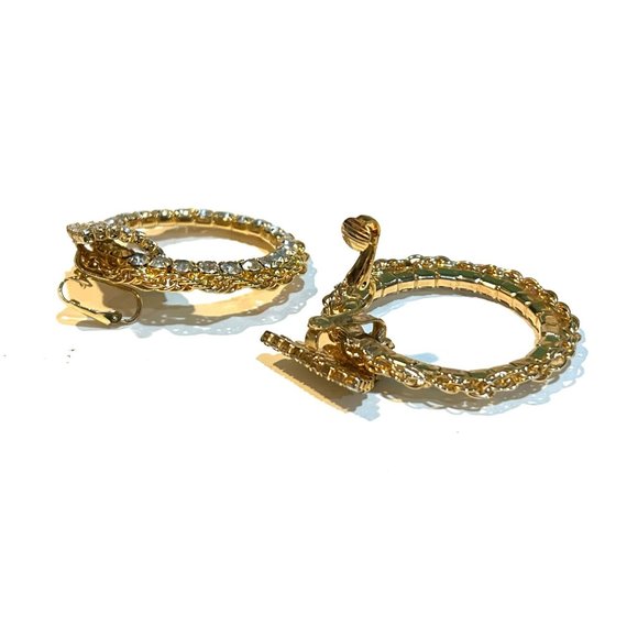 Vintage 80s Sparkling Rhinestones Golden Big Hoop Clip on Earrings - Picture 6 of 6